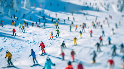 Obraz premium A large group of skiers and snowboarders at a ski resort.
