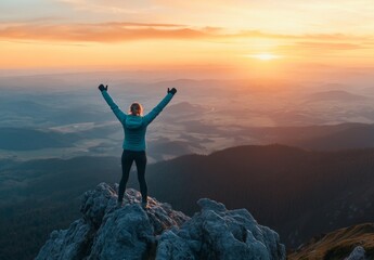 A person celebrating with their arms raised in triumph at the top of a mountain, with a breathtaking view behind them