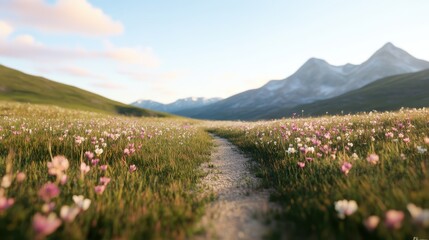 Obraz premium Serene 3D Mountain Path with AI-Generated 2D Flowers Blooming and Wilting
