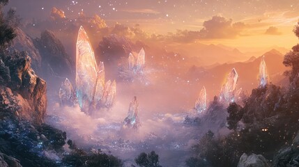 Fototapeta premium A surreal landscape of crystalized dreams, with sparkling crystals emerging from a soft, ethereal mist.