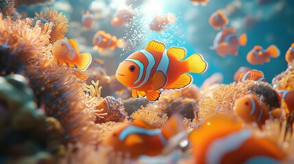 Serene 3D Underwater Scene: Synchronized 2D Schools of Fish Swimming Gracefully in Harmony