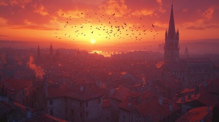 Obraz premium Vibrant 3D Cityscape at Dawn with 2D Birds Flying, Adding a Touch of Life