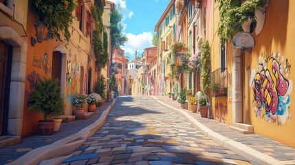 Obraz premium Vibrant 3D Urban Street Art: Dynamic Graffiti Animation in City Scene