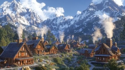Fototapeta premium Magical 3D Mountain Village with Cozy Chimneys and Smoke Rising for Atmospheric Design