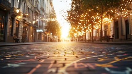 Fototapeta premium Interactive AR 3D Street Scene with User-Editable Chalk Art Pavement | Virtual Reality City Exploration Concept