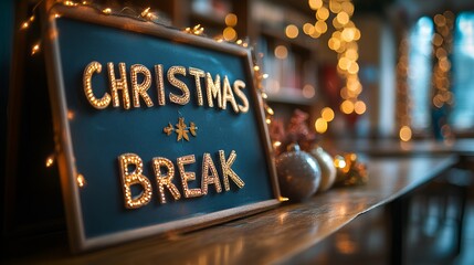 A sign that reads &ldquo;CHRISTMAS BREAK&rdquo; in a classroom - vacation - holiday - decorations nearby 