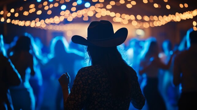 group dancing on the dance floor at a country-western party.