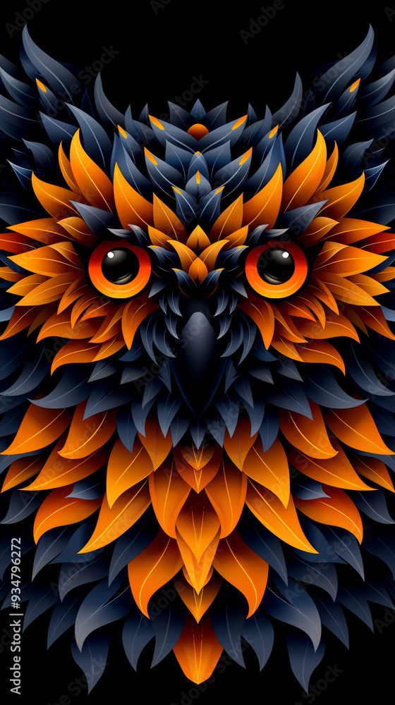 Sticker a colorful owl with orange and black feathers. the owl has large eyes and a long beak