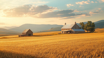 A charming rural scene featuring a traditional farm