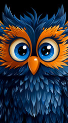 Obraz premium A cartoon owl with orange feathers and blue eyes. The owl has a cute and playful expression. The blue and orange colors give the owl a vibrant and lively appearance