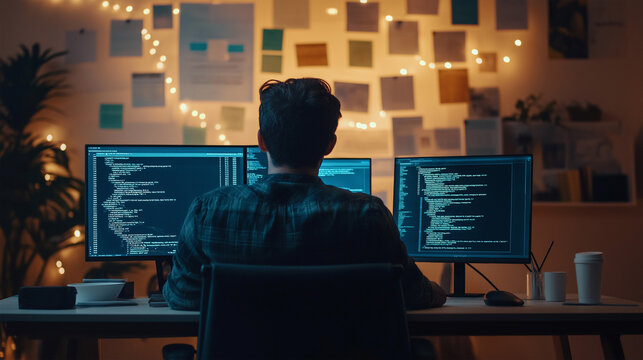 A programmer reviewing code on a laptop and secondary monitor displaying real-time system logs
