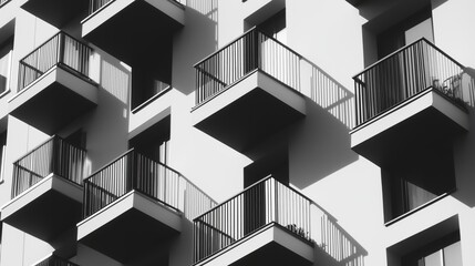 A geometric pattern of balconies in monochrome showcases urban architecture's abstract beauty.