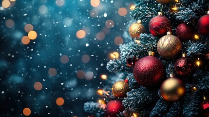 Festive Celebrations: Christmas Tree Adorned with Glittering Ornaments, Reflecting Joyful Season on a Mesmerizing Blue Bokeh Background. Embracing the Warmth of the Holidays with Sparkling Lights 