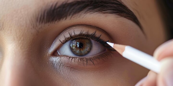 Professional Beautician Drawing Eyebrows with White Pencil Before Permanent Makeup Session in Beauty Studio, Detailing Brow Region and Forehead for PMU Process, Close-up Perspective
