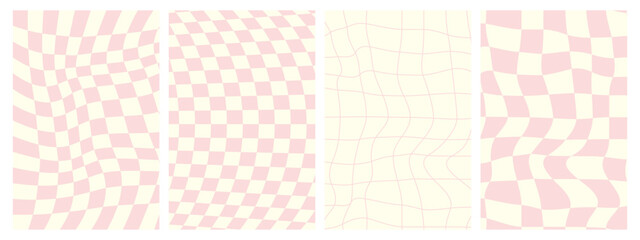 Psychedelic Checkerboard. Groovy hippie 70s background set. Trippy checkered wallpaper. Retro vector illustration in Y2k style. Funky distorted poster patterns. White and pink colors