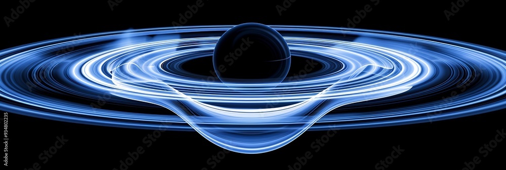 Poster black hole creating a 3d distortion in spacetime with 2d waves of light and energy bending around it