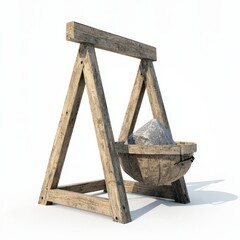 3D Render of a large wooden onager with a heavy stone in its bucket, on isolated white background