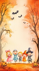 A group of children are posing for a picture in a forest with bats flying overhead. Scene is playful and lighthearted, as the children are dressed up in costumes and seem to be enjoying themselves