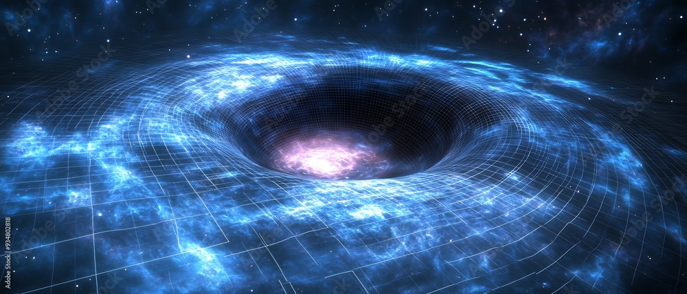 Poster black hole creating a 3d vortex in spacetime with 2d grids warping and stretching as they are pulled