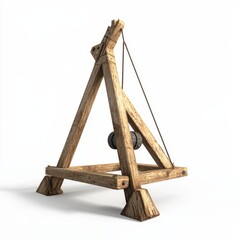 3D Render of a large wooden trebuchet with a counterweight ready to launch, on isolated white background