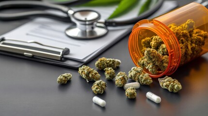 Medical marijuana in a prescription bottle, with a doctor stethoscope and clipboard nearby