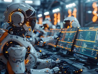 Fototapeta premium Robotic operators working at computer terminals in futuristic control room