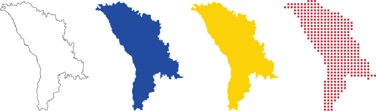 Moldova map in outline, blue color, yellow color, dotted style.