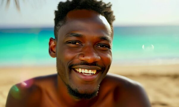 Ivorian Man Smiling Under Palm Tree on Beach