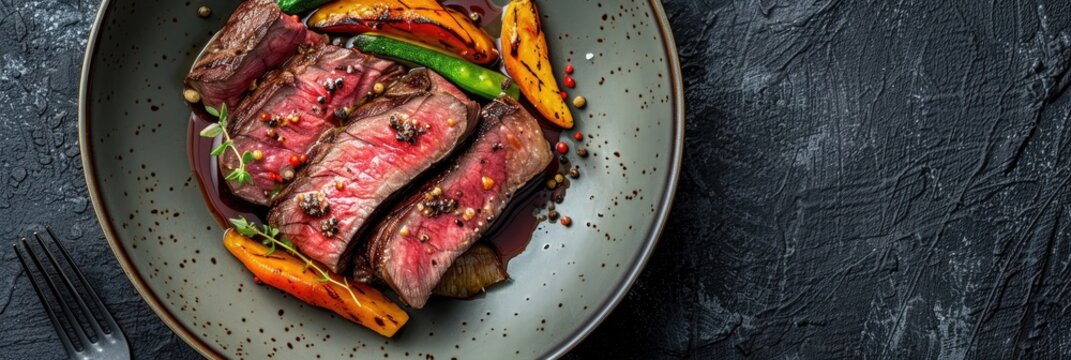 Italian tagliata di manzo with dry aged sliced sirloin steak and roasted vegetables in truffle sauce served elegantly in a modern ceramic bowl with space for text