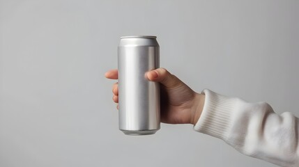 Elegant Aluminum Can Mockup Held in Woman's Hand on Clean White Background