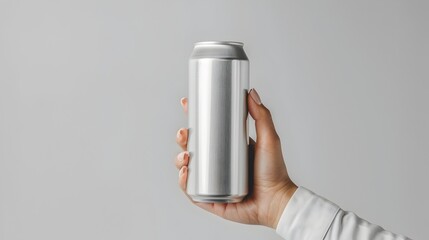 Aluminum Can Mockup Held in Woman's Hand on Isolated White Background