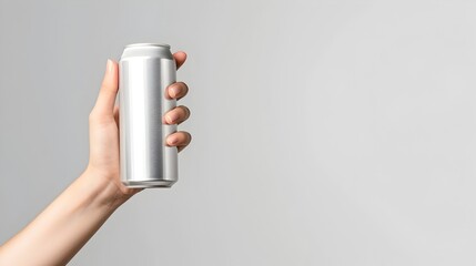 Minimalist Aluminum Can Mockup Held in Woman's Hand on White Background