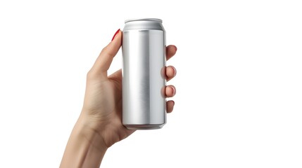 Aluminum Can Mockup Held in Woman's Hand on Isolated White Background
