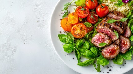 High-quality image of a healthy meal consisting of vegetables and lean protein on a white plate, placed on an isolated background with copy space. The image promotes the concept of balanced eating