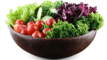 Close-up shot of a salad bowl filled with fresh vegetables, symbolizing healthy eating and dieting. The high-resolution image is isolated on a white background with ample copy space, allowing for