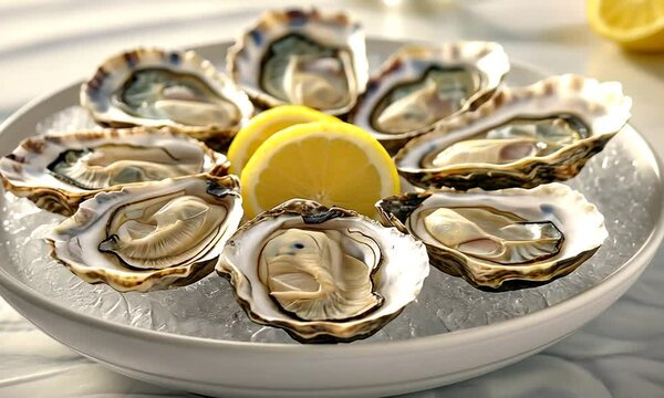 Fresh Oysters on Ice: A gourmet's delight, plump and succulent oysters beautifully arranged on a bed of ice with zesty lemon slices. 