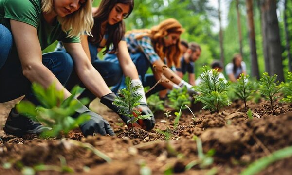 Planting Seeds of Hope: Volunteers nurture young saplings in a vibrant forest, embodying community spirit and environmental stewardship.