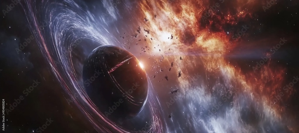 Poster black hole depicted with a glowing 3d photon sphere where 2d light and energy are caught in a perpet