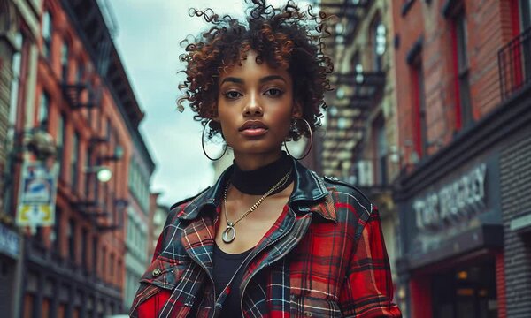 Urban Queen: A young, stylish woman with a confident gaze owns the city streets in a vibrant portrait of modern femininity and urban chic. 