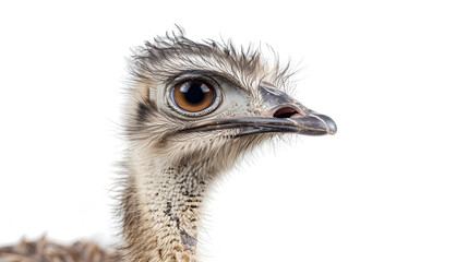 Close-up portrait of a single ostrich in field ,An ostrich looking at the camera with a white background ,ostrich isolated on white ,this is a side view of an ostrich ,the largest bird