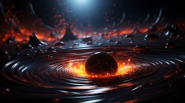 Black hole emitting 3D Hawking radiation with 2D light waves spiraling outward from the event horizon showing the slow dissipation of the black holes mass