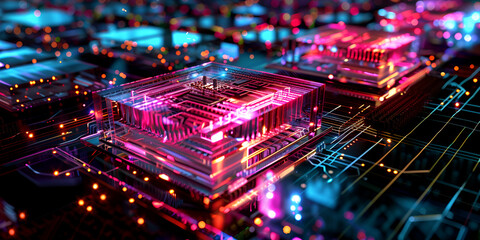 Obraz premium Quantum Computing Powerhouse: Futuristic Circuitry with Neon Glows, Neon Circuitry: The Future of Quantum Computing Visualized 
