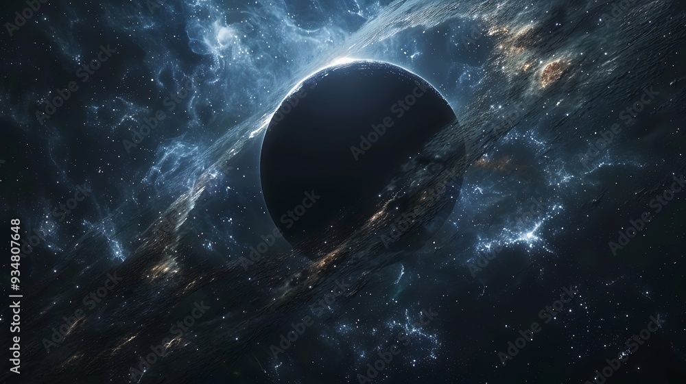 Poster black hole floating in a vast 3d cosmic void with 2d distant stars barely visible in the background 
