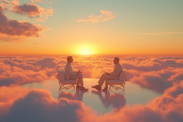 Obraz premium Two individuals having a serene conversation above the clouds during a breathtaking sunset, symbolizing peace and connection.