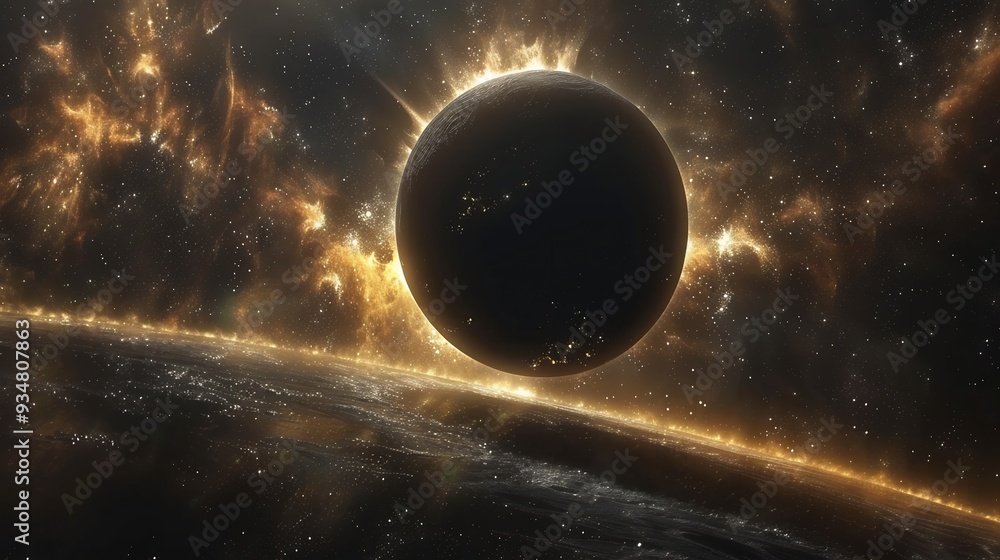 Poster black hole floating in a vast 3d cosmic void with 2d distant stars barely visible in the background 