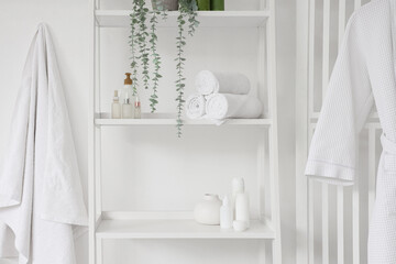 Shelf unit with cosmetic products in light bathroom