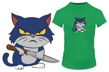 Cute angry kitten cartoon with a knife. Vector illustration for tshirt, website, clip art, poster and custom print on demand merchandise.