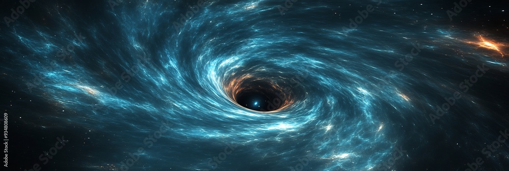 Poster black hole floating in a vast 3d cosmic void with 2d distant galaxies barely visible in the backgrou