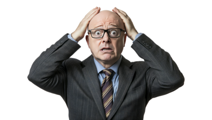 Stressed old senior businessman holding his hands on the head, isolated on transparent background.