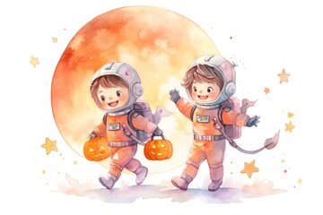 Two children in space suits holding pumpkins. Scene is lighthearted and playful